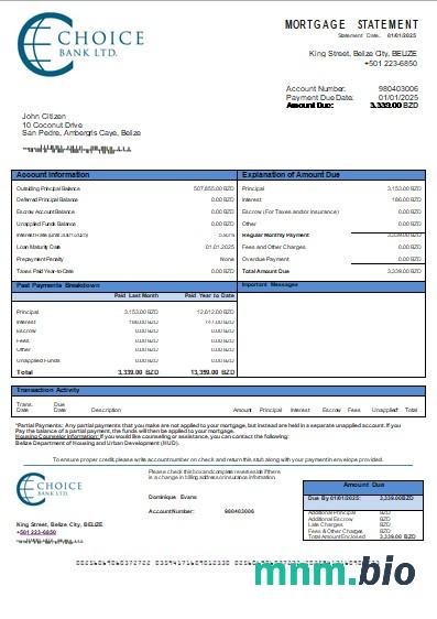 Belize Bank Choice wyciąg z kredytu hipotecznego szablon Word i PDF